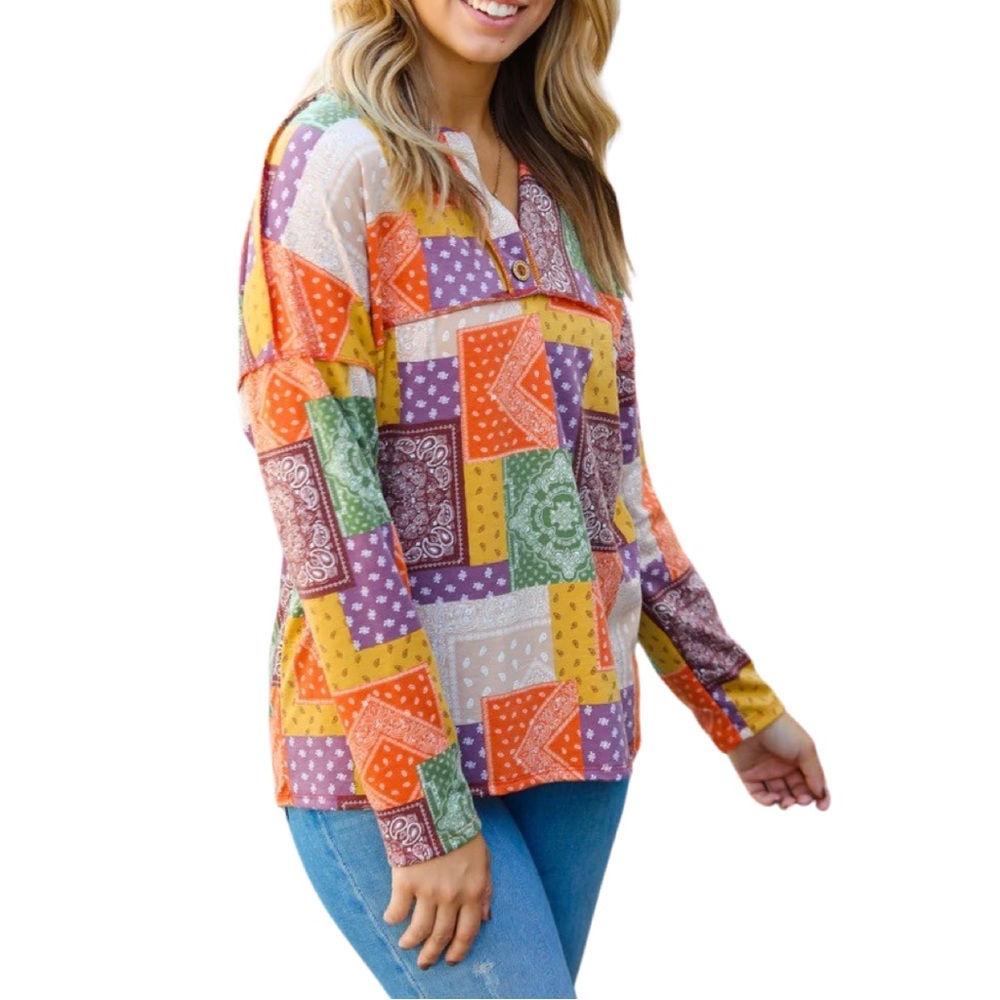 BOUTIQUE RUST OLIVE & MUSTARD PATCHWORK TOP - Picture 9 of 9